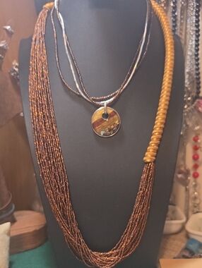 Seed Bead Multi-Strand Brown Necklace And  Pendant Necklace -